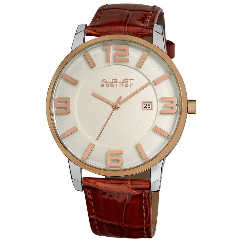 August Steiner Men's Slim Swiss Quartz Date Leather Brown Strap Watch