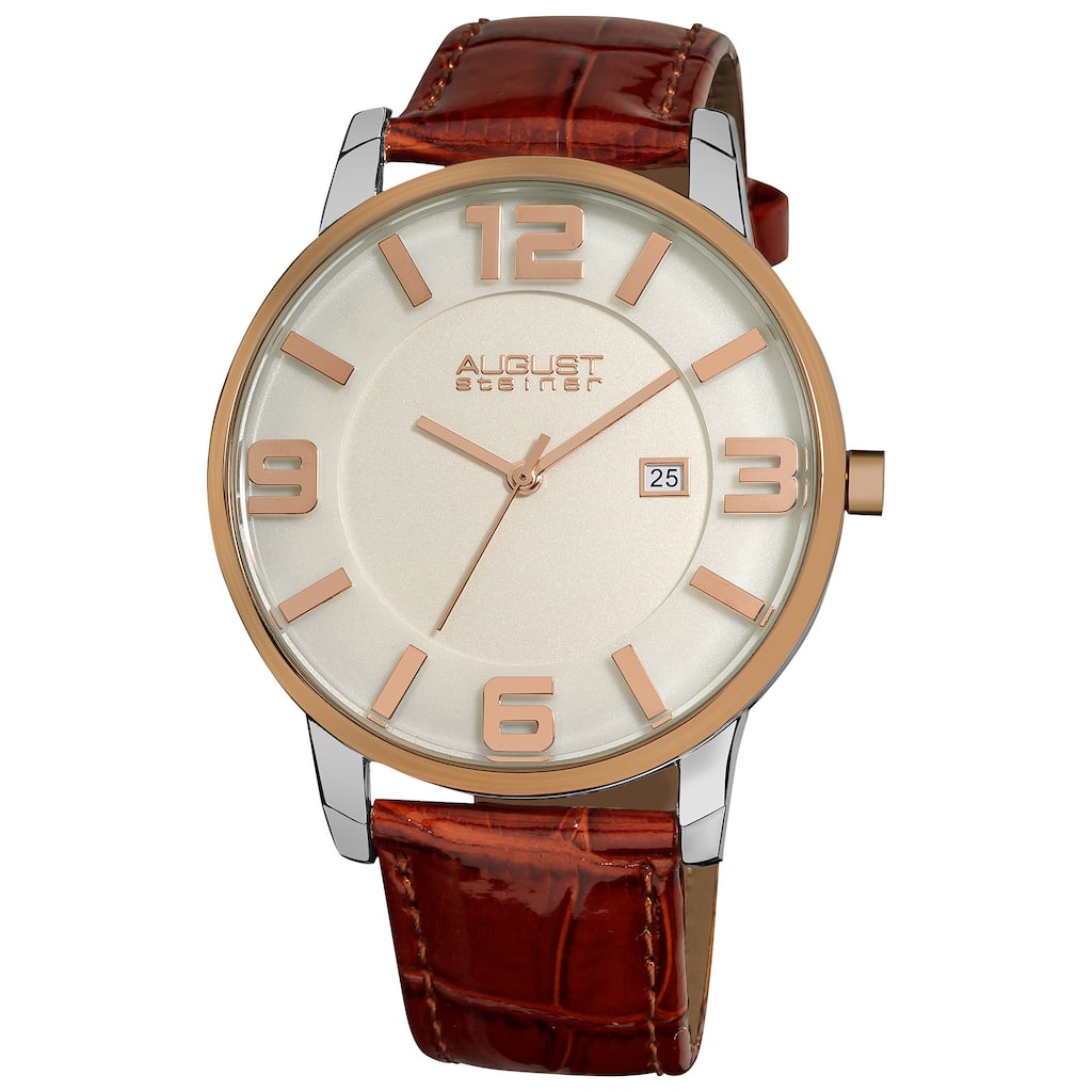 August Steiner Men's Slim Swiss Quartz Date Leather Brown Strap Watch