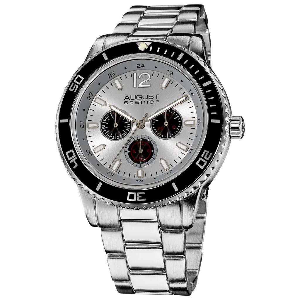 August Steiner Men's Quartz Silvertone Multifunction Divers Bracelet Watch