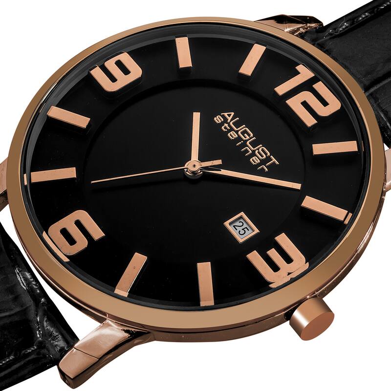 August Steiner Men's Slim Swiss Quartz Date Leather Strap Rose-Tone Watch