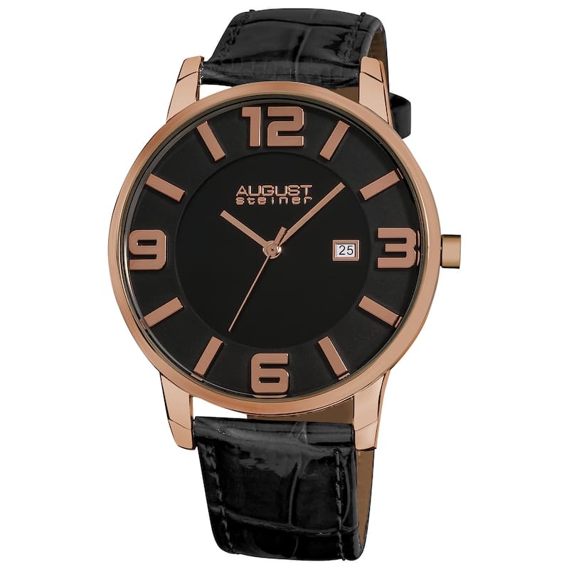 August Steiner Men's Slim Swiss Quartz Date Leather Strap Rose-Tone Watch