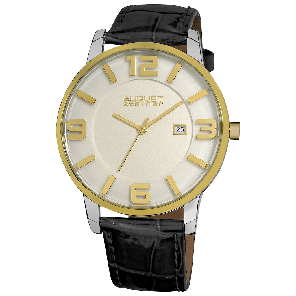 August Steiner Men's Slim Swiss Quartz Date Leather Gold-Tone Strap Silver-Tone Watch