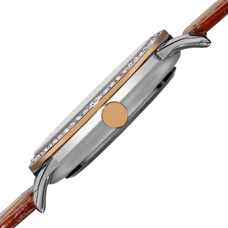August Steiner Women's Swiss Quartz Mother of Pearl Crystal Brown Strap Watch - GOLD
