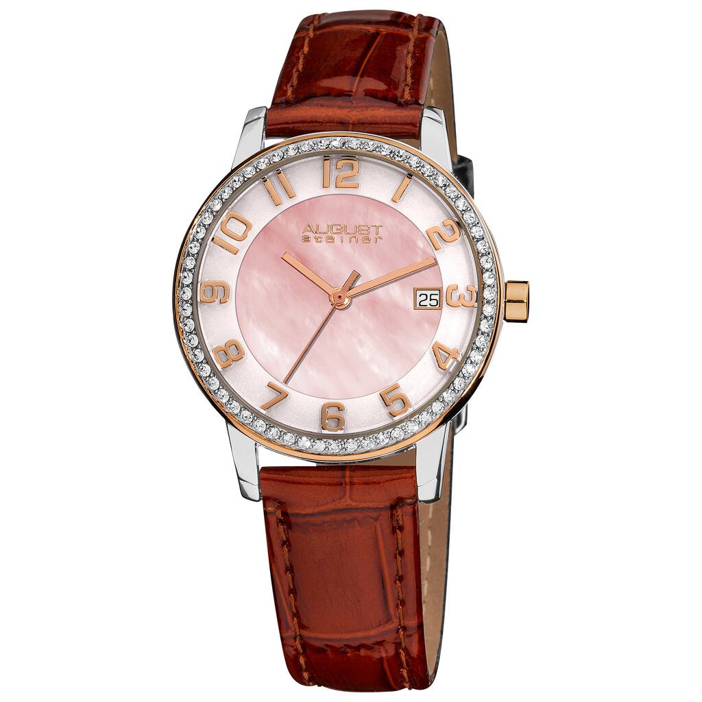 August Steiner Women's Swiss Quartz Mother of Pearl Crystal Brown Strap Watch - GOLD