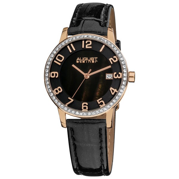 August Steiner Women's Swiss Quartz Mother of Pearl Crystal Strap Watch with Rose-Tone Hands - Gold