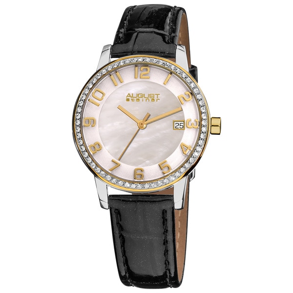 August Steiner Women's Swiss Quartz Mother of Pearl Crystal Strap Watch with Gold-Tone Hands - black