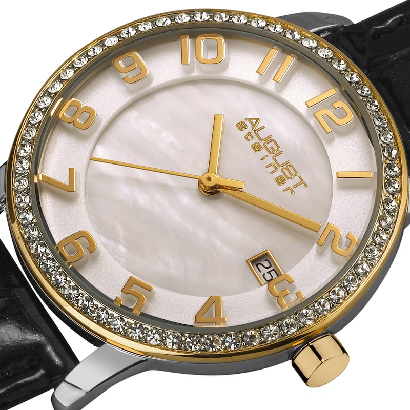 August Steiner Women's Swiss Quartz Mother of Pearl Crystal Strap Watch with Gold-Tone Hands - black