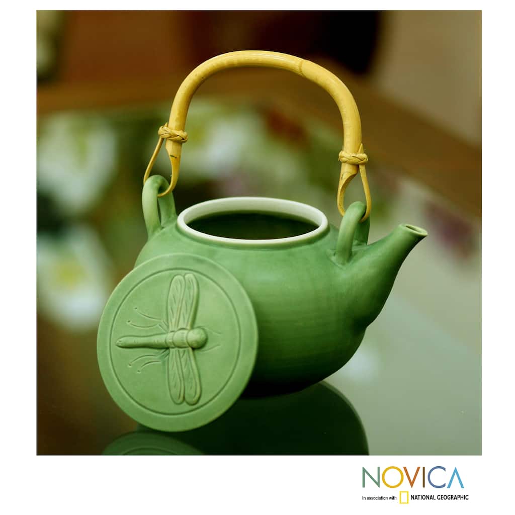 Handmade Ceramic 'Dragonfly Alighting' Teapot (Indonesia)