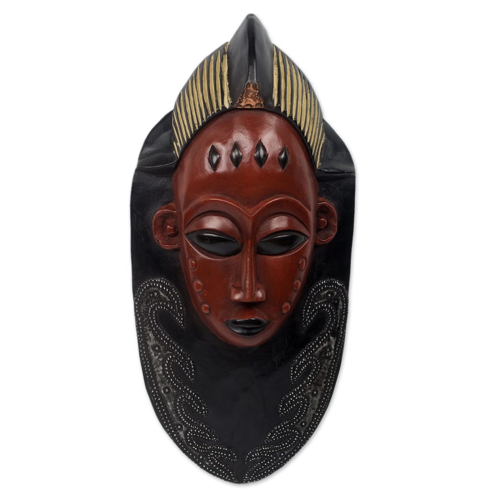 Supremacy Handmade Artisan Tribal Artwork Black Sese Wood with Multicolor Paint and Aluminum African Wall Art Mask (Ghana) - Red