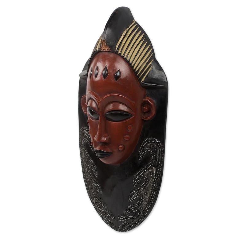 Supremacy Handmade Artisan Tribal Artwork Black Sese Wood with Multicolor Paint and Aluminum African Wall Art Mask (Ghana) - Red