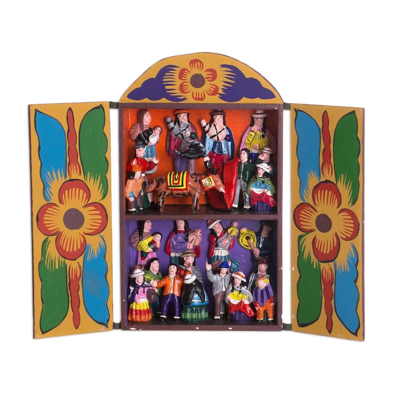 Handmade Plywood and Ceramic Yawar Fiesta Retablo (Peru) - Multi