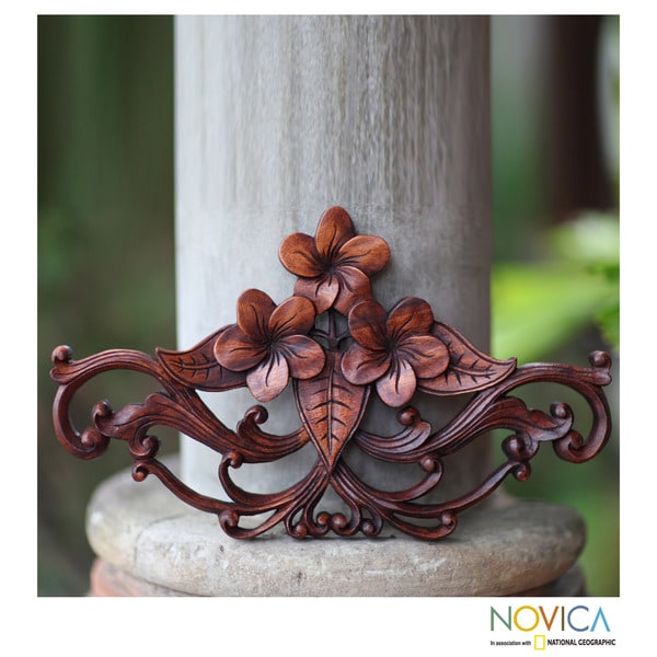 Suar Wood 'Frangipani Garland' Wall Sculpture (Indonesia) Novica Statues & Sculptures