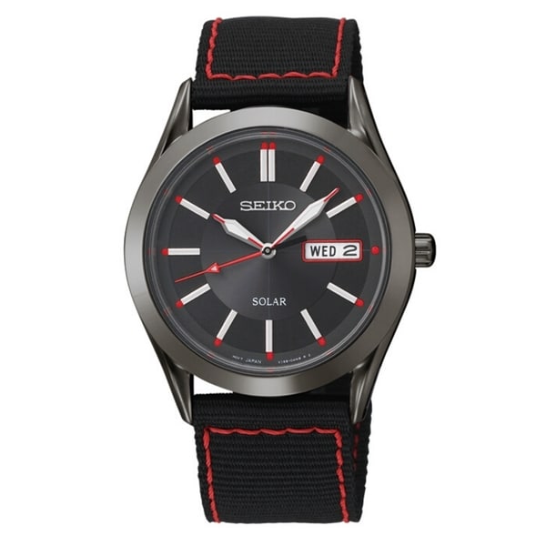 Seiko Men's SNE239 Solar Black Dial Red Accent Nylon Strap Watch ...