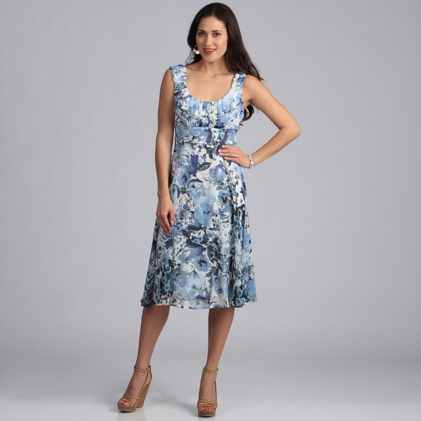 Connected Apparel Women's Blue Floral Print Sleeveless Dress Connected Apparel Casual Dresses