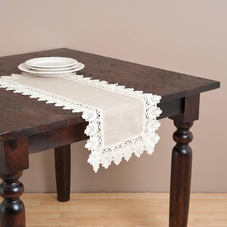 Saro Taupe Lace Trimmed Table Runner
