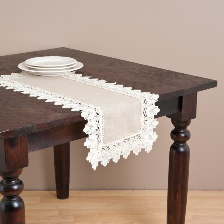 Saro Taupe Lace Trimmed Table Runner - 16"x90"