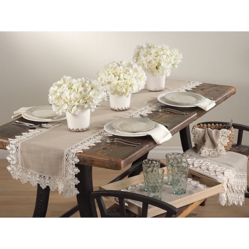 Saro Taupe Lace Trimmed Table Runner