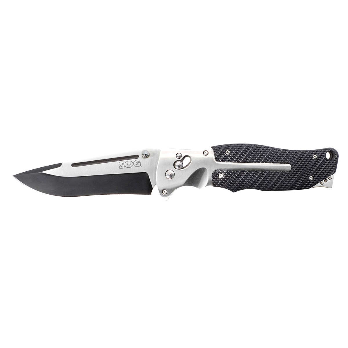 Sog Fatcat Folding Knife (black, silverBlade materials VG10Handle materials KratonSOGs Arc Lock locking mechanismTwo tone satin and Black TiNi bladeLightweight titanium handle with Kraton gripBlade spins open effortlessly and locks up solidlyIncludes ny