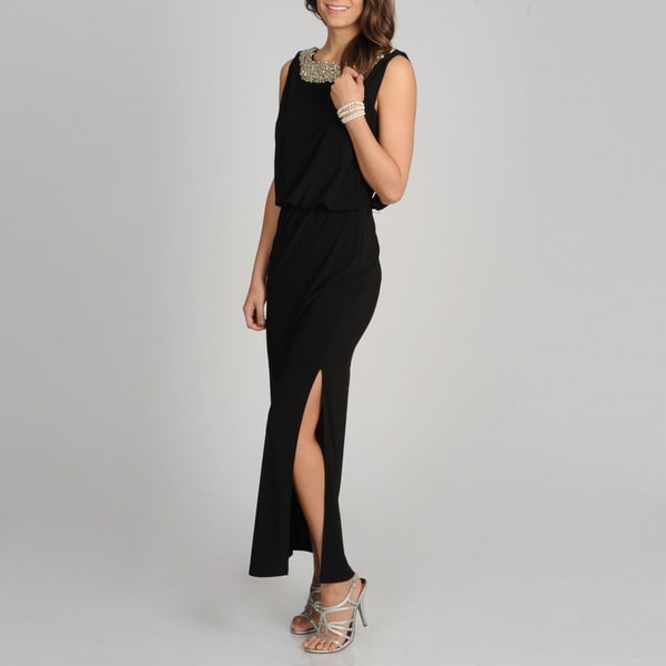 Shop R & M Richards Women's Black Beaded Neck Long Formal Dress ...