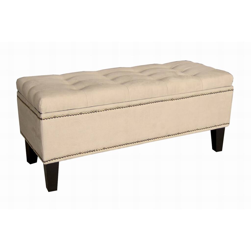 Beige Microfiber Tufted Nailhead Storage Bench Ottoman