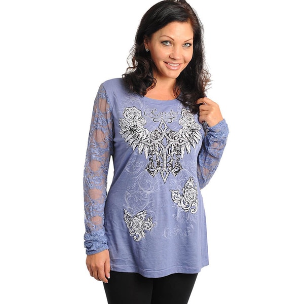 Stanzino Women's Plus Indigo Graphic Tee with Lace Sleeves Stanzino Tops