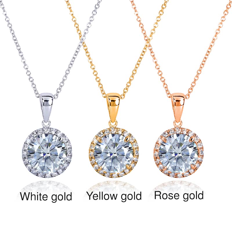 Kobelli 2 Carats Moissanite & Natural Diamond 14k Solid Gold Round Brilliant Halo Kaori Necklace