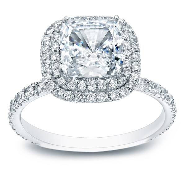 Auriya 14k Gold 1 3/4ct TDW Certified Cushion-cut Double Halo Diamond Engagement Ring