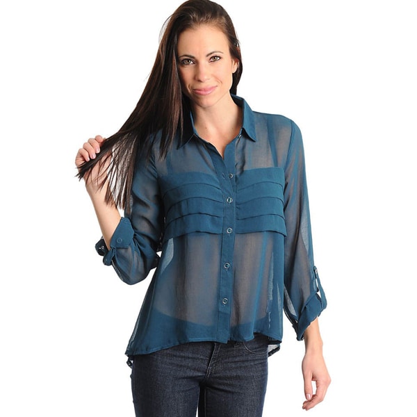 Stanzino Women's Teal Sheer Button down Long Sleeve Top Stanzino 3/4 Sleeve Shirts