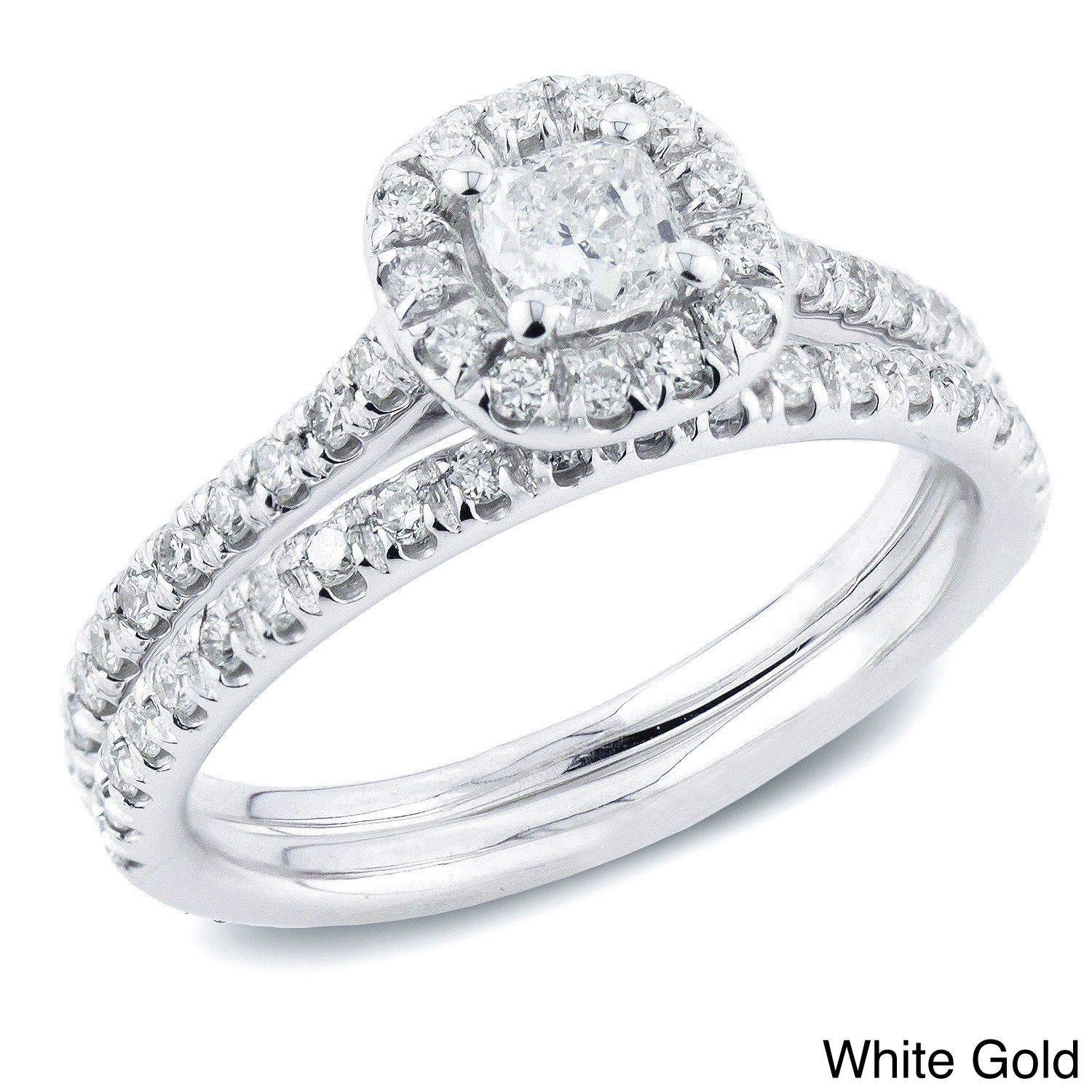 Auriya 14k Gold 1ct TDW Cushion Diamond Halo Bridal Ring Set (H-I, SI1 ...