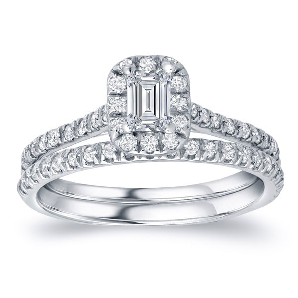 Auriya 14k Gold 1ct TDW Certified Emerald-Cut Diamond Halo Engagement Ring Set