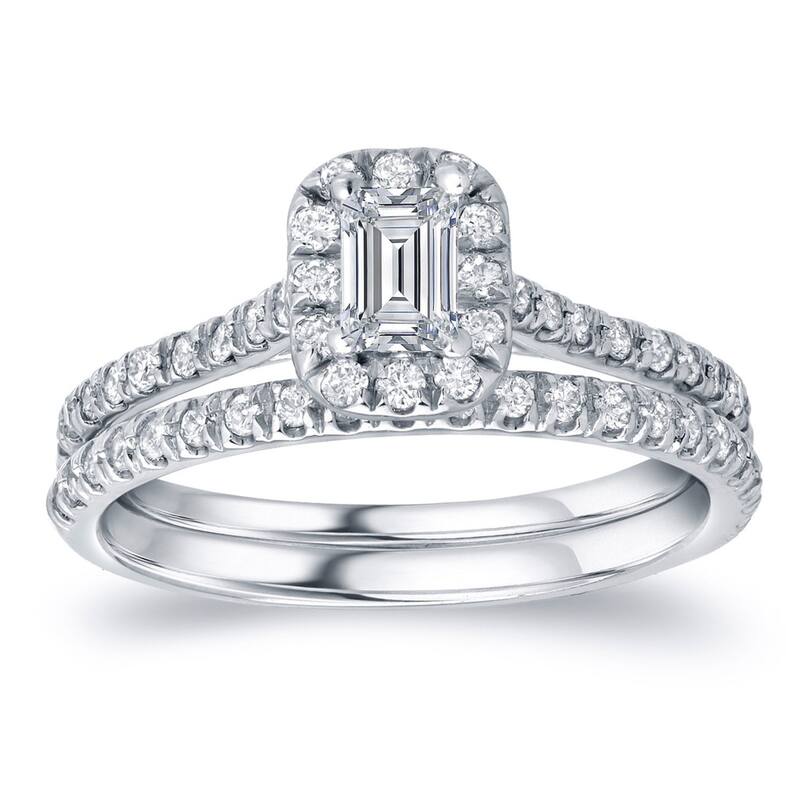 Auriya 14k Gold 1ctw Emerald-cut Halo Diamond Engagement Ring Set - White - 4