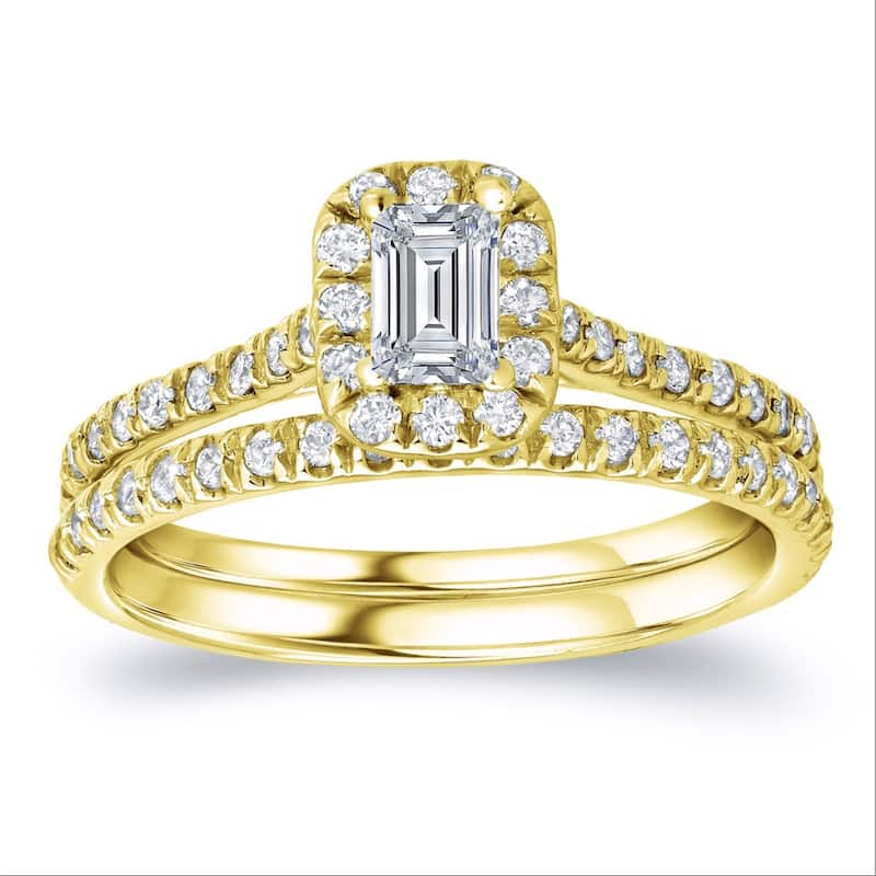 Auriya 14k Gold 1ctw Emerald-cut Halo Diamond Engagement Ring Set - Yellow - 4