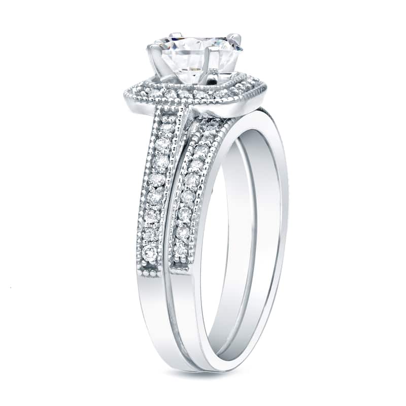 Auriya 14k Gold 1ctw Vintage Halo Diamond Engagement Ring Set
