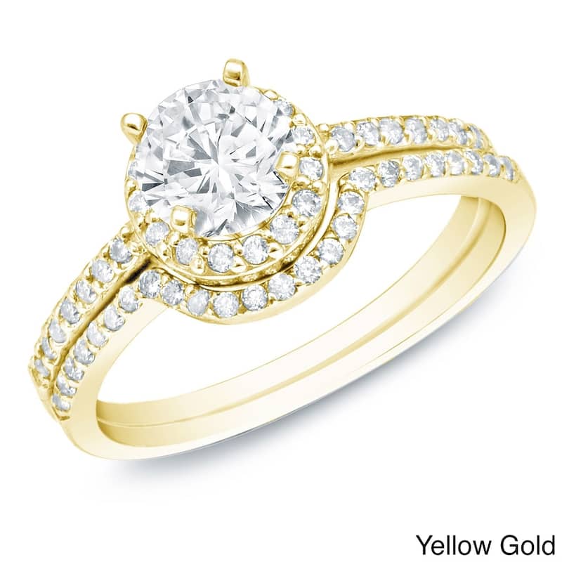 Auriya 14k Gold 1 carat TW Round Halo Diamond Engagement Ring Set - 4 - Yellow