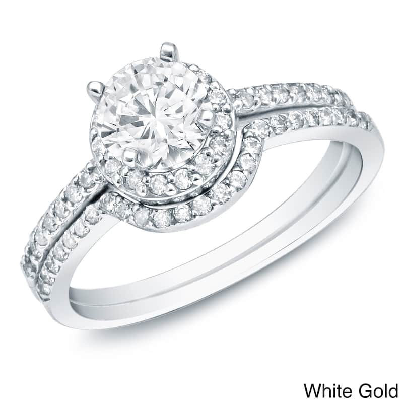 Auriya 14k Gold 1 carat TW Round Halo Diamond Engagement Ring Set - 4 - White