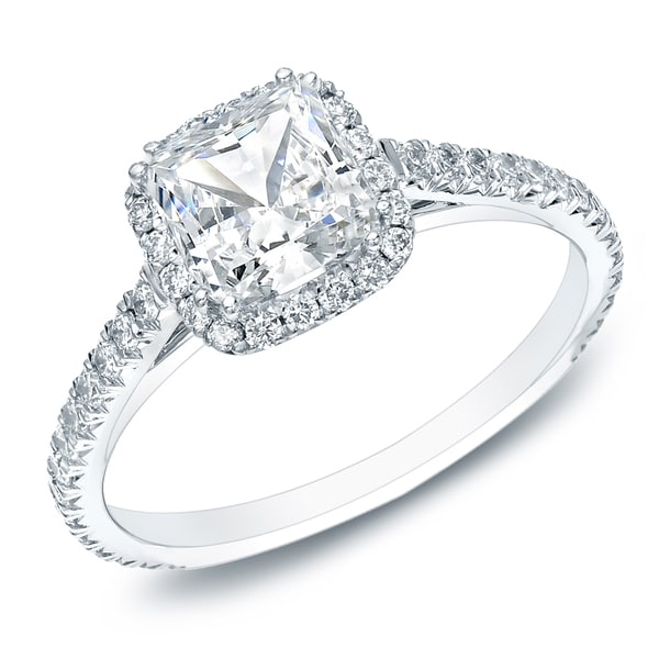 Shop 14k Gold 1 1/2ct TDW Certified Cushion-Cut Diamond Halo Engagement ...