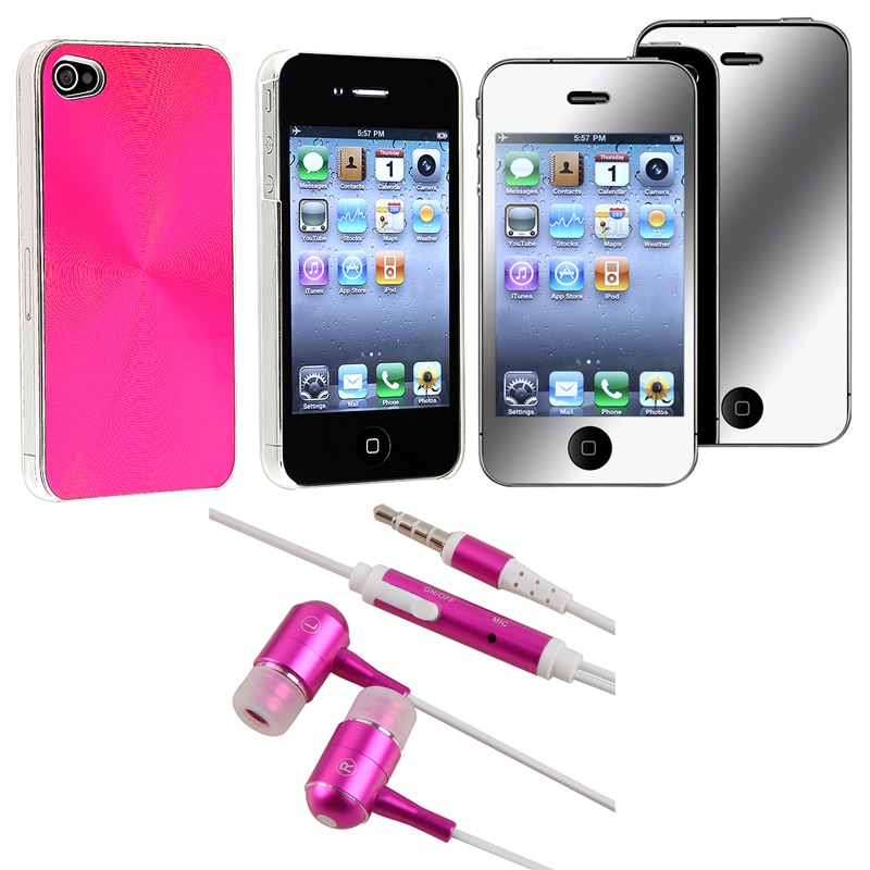 Pink Case/ Headset/ Mirror Screen Protector for Apple iPhone 4