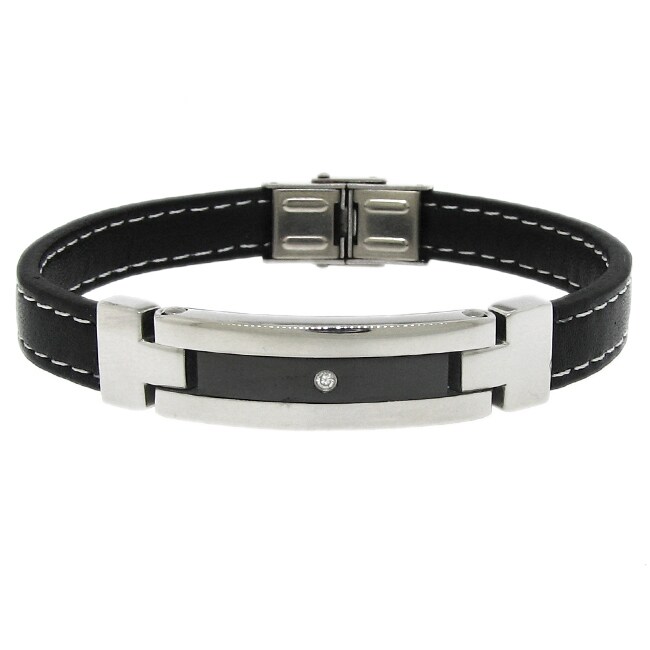 Two tone Stainless Steel Mens Black Leather ID Bracelet