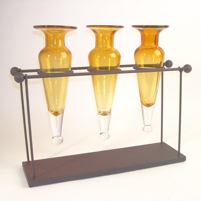 Triple Amber Amphora on Iron Stand with Finials Vases Compare $69.99