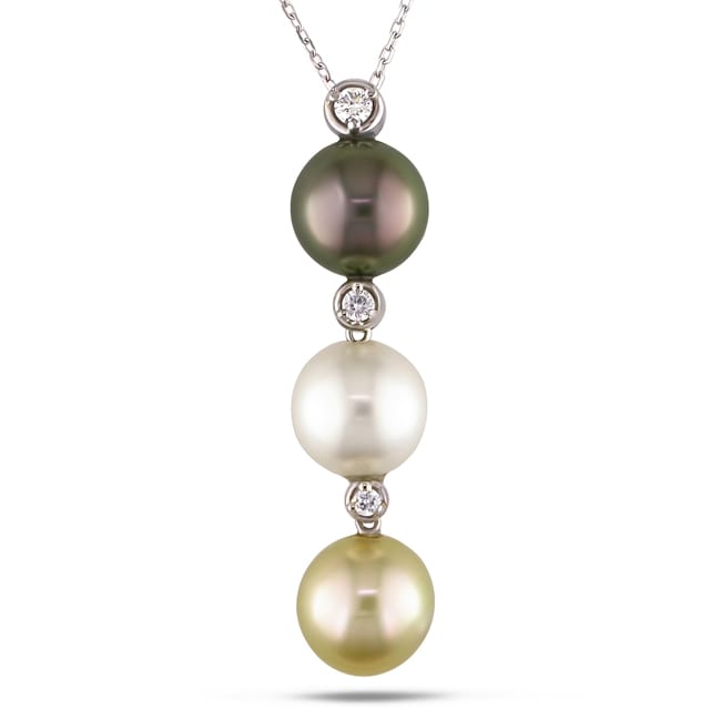 14k White Gold 1/6ct TDW Tahitian and South Sea Pearl Necklace (10