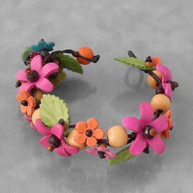 Leather Pink Daisy Garland Bracelet (Thailand) Bracelets