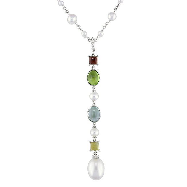 14k White Gold Multi gemstones and Pearl Enhancer Necklace
