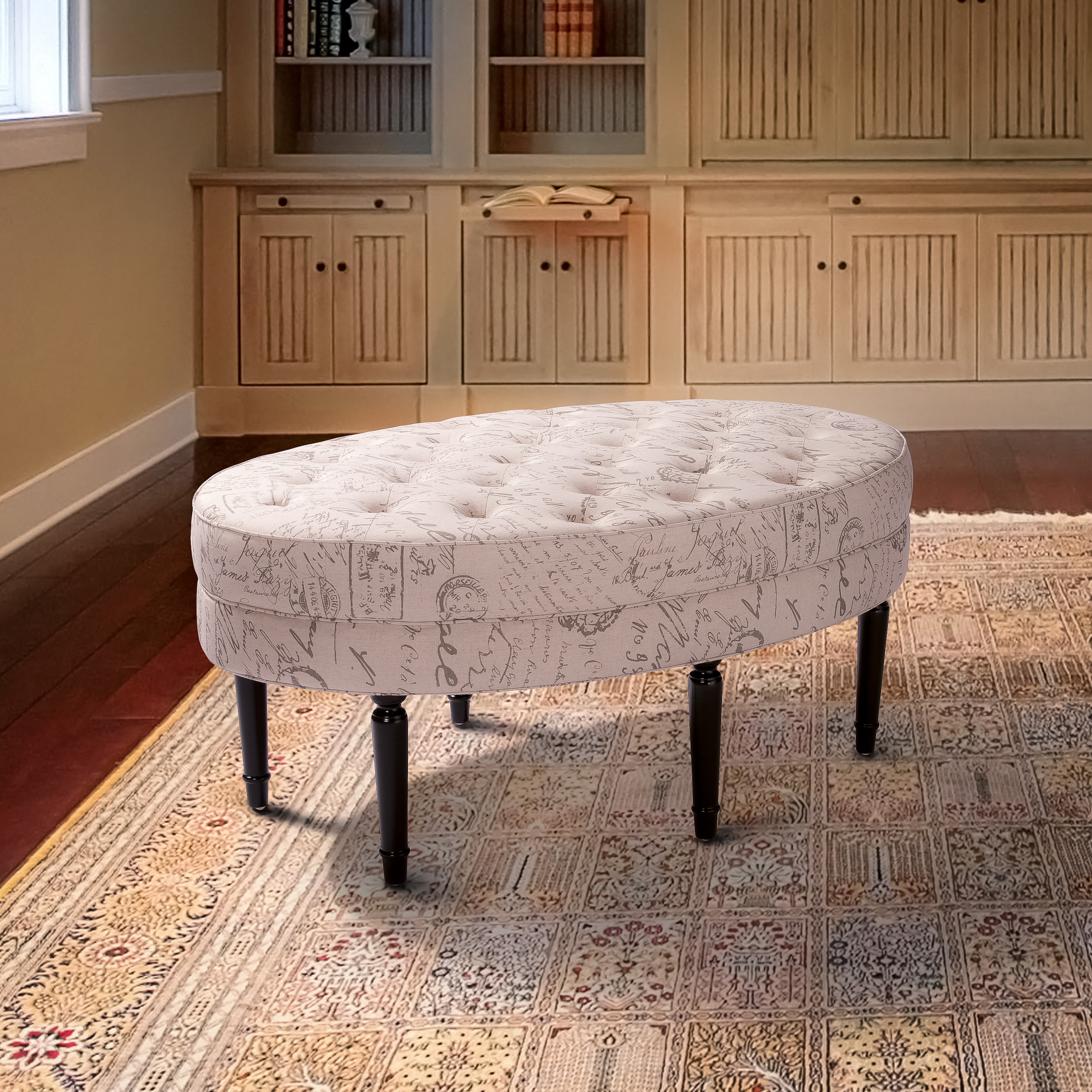 Oval Script Tufted Linen Ottoman - Free Shipping Today - Overstock.com ...