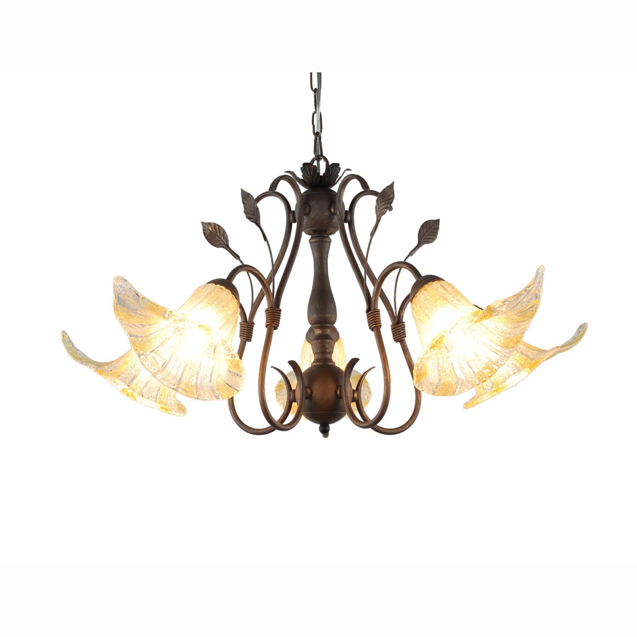 Hand blown Glass 5 light Brushed Oak Finish Chandelier