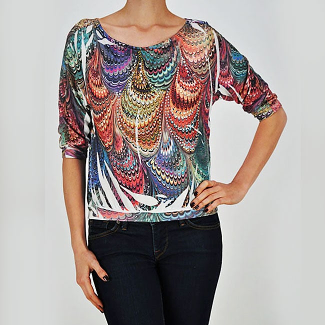 Tabeez Peacock Print Rhinestone Top  