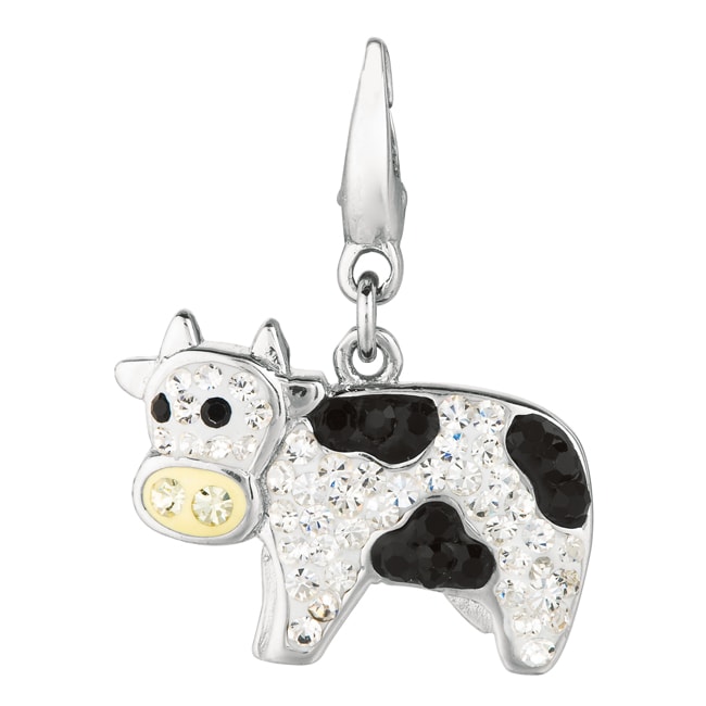 Sterling Silver Clear and Black Crystal Cow Charm  