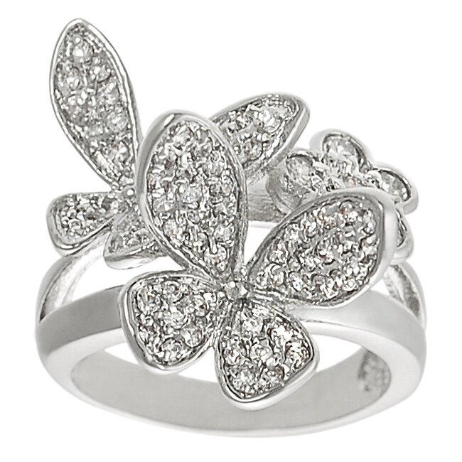 Silvertone Cubic Zirconia Butterfly and Flower Ring - Free Shipping On ...