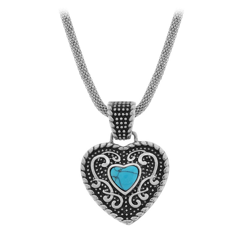 Inox Stainless Steel Turquiose Heart Pendant Necklace