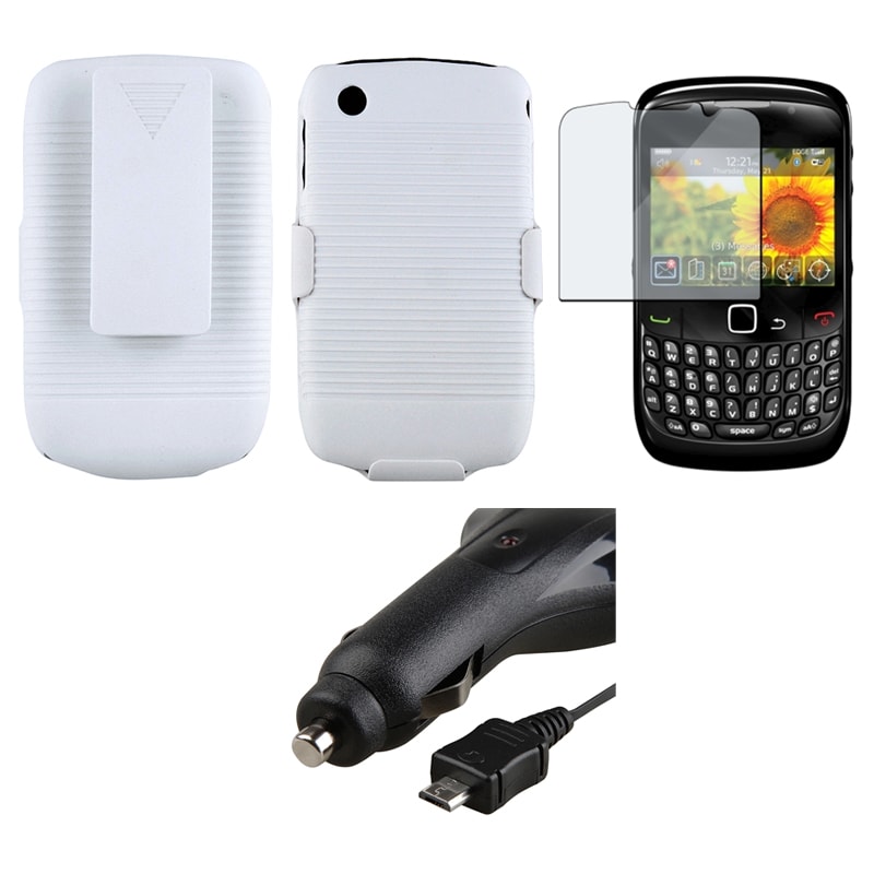 White Holster/ Screen Protector/ Car Charger for BlackBerry Curve 8520
