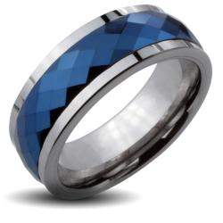 Mens Tungsten Carbide Blue Multi faceted Spinner Ring (8 mm